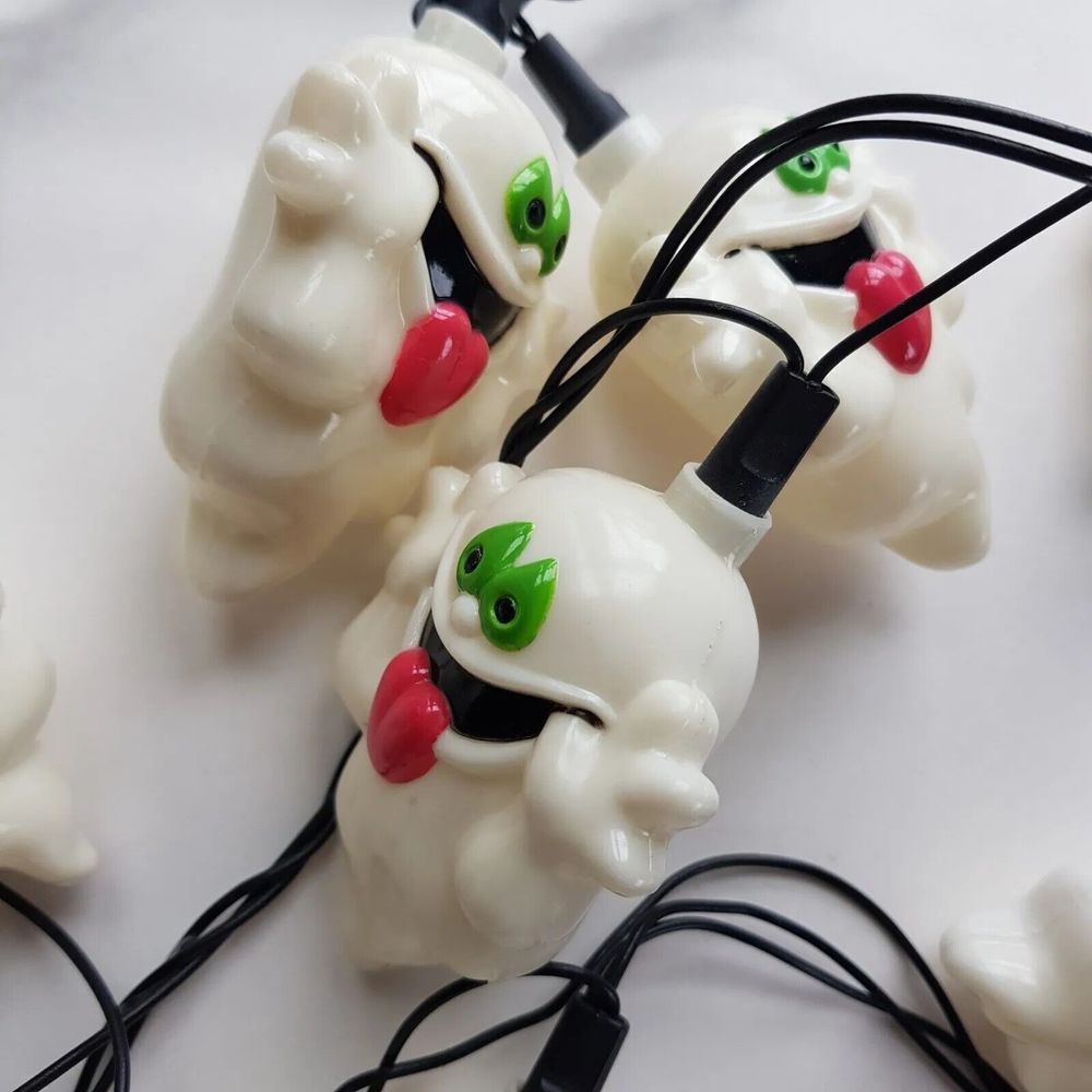 Vtg GHOST Halloween String Lights Plastic Blow Mold Set of 10 Easter Unlimited